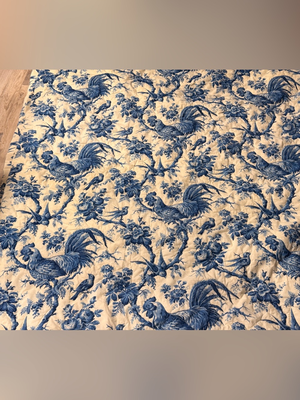PIERRE FREY Le Coq Blue Rooster Quilted Custom Bedspread Quilt 110" × 102"